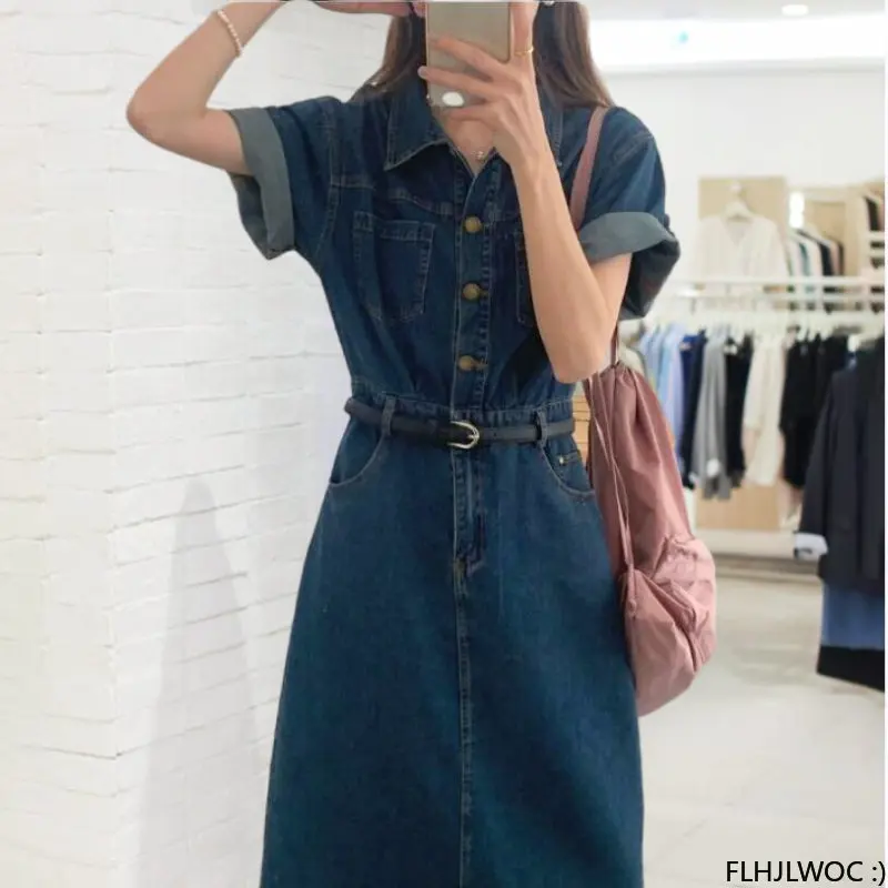 Denim Dresses With Belt Woman Casual Cute Sweet Korea Chic Style Girls Retro Vintage Cotton Jeans Blue Long Denim Shirt Dress