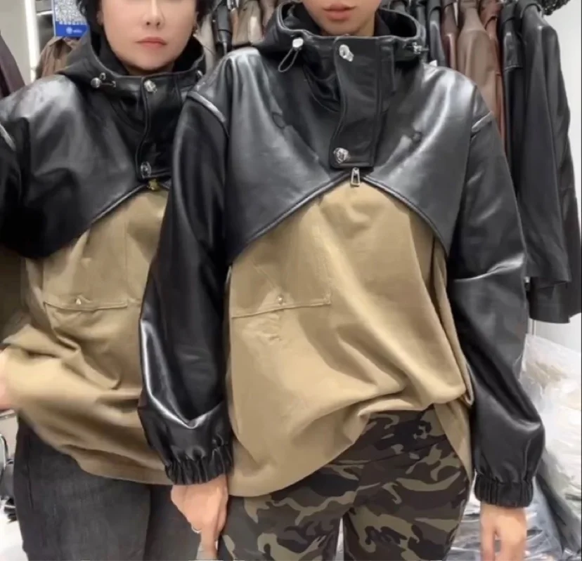 تأثير التخسيس Ultra-ort جلد الضأن Jaet المرأة طويلة Sve مقنعين فضفاضة تناسب ملابس خارجية من الجلد الطبيعي