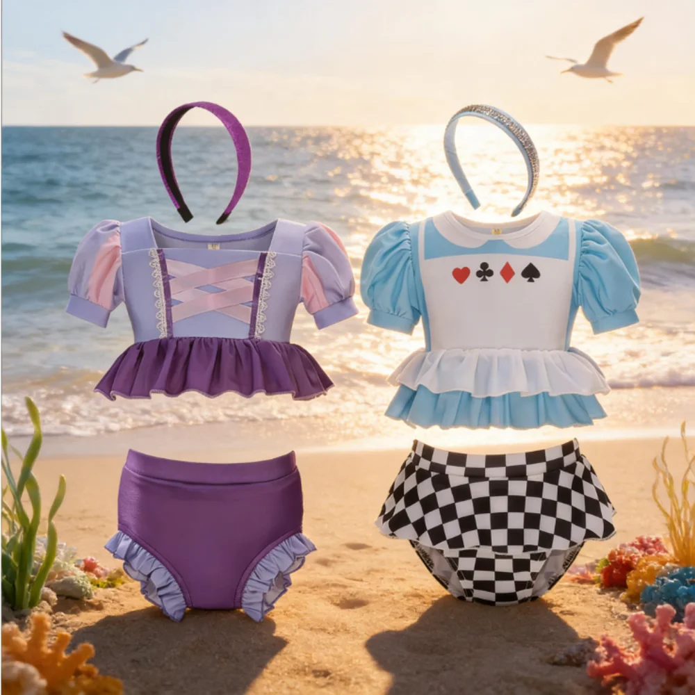 

Princess Theme Alice 2PCS Set for Kids Girl Puff Sleeve Short Fashion Toddler Bikini Set Aurora Snow White Cosplay Pool Clothing