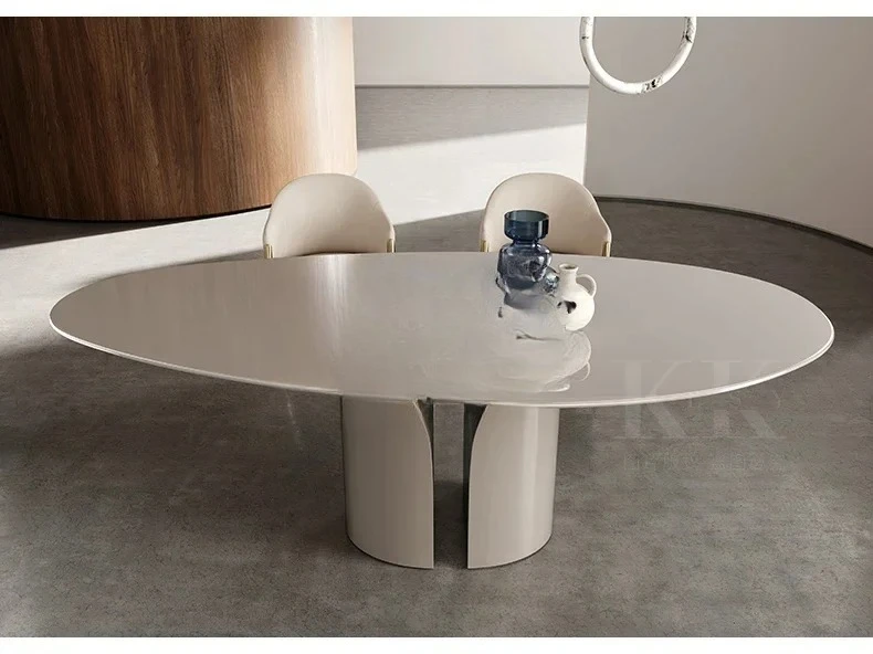 A  Light luxury dining table and chairs red paint high-end Italian minimalist dining table special-shaped irregular