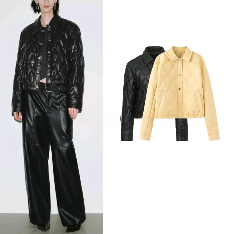 

Modern Modes Quilted Long Sve PU Leather ort Coat Cotton Jaet Single Button New Summer Women's Faion Outerwear