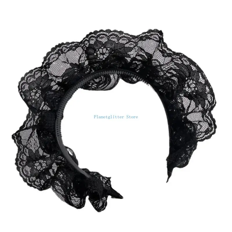 

652B Anime Maid Lace Flower Headband Nonslip Ruffle Lace Hairband for Theme Event