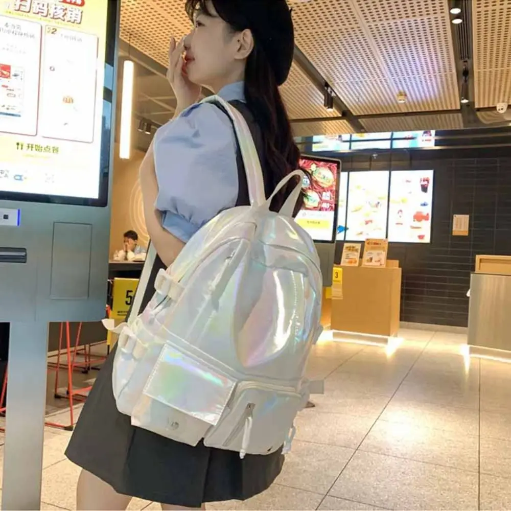 Fashion Multi-Pocket Laser Backpack Korean Style Handbag Students School Bag Large Capacity Travel Bag Shoulder Bag Teenager
