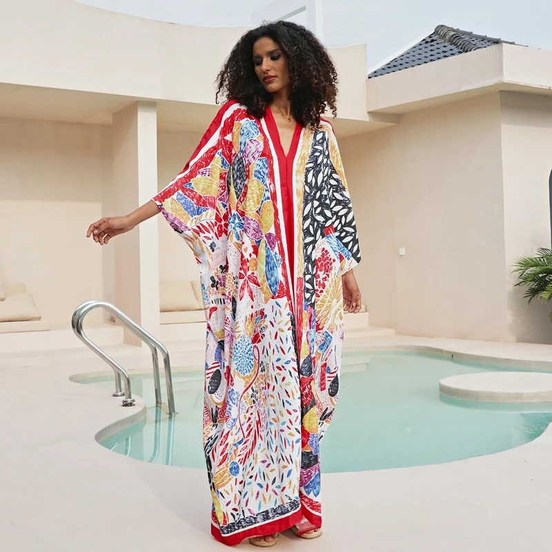 

Vibrant Leaves Kaleidoscope of Colors in Stunning Kaftan Dress Women Beach Seaside Holiday MaxiDress Long Tunic Caftan Cover Ups