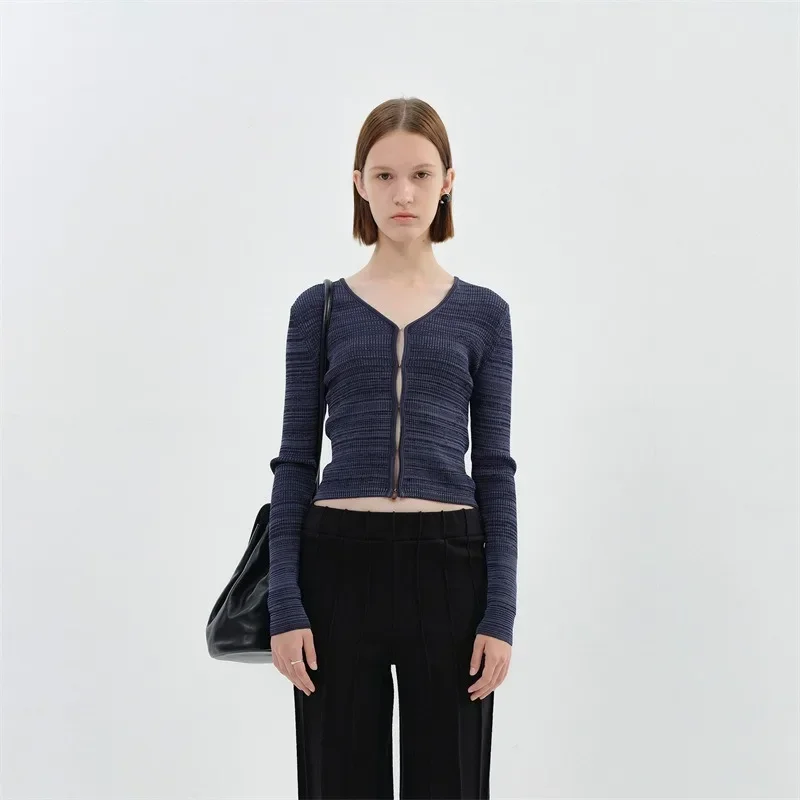 LC @ Short Knitted Cardigan for Women, V-neck, Long Sleeve, Slim Fit Top, Leisure Commuter, Autumn and Winter, 2024