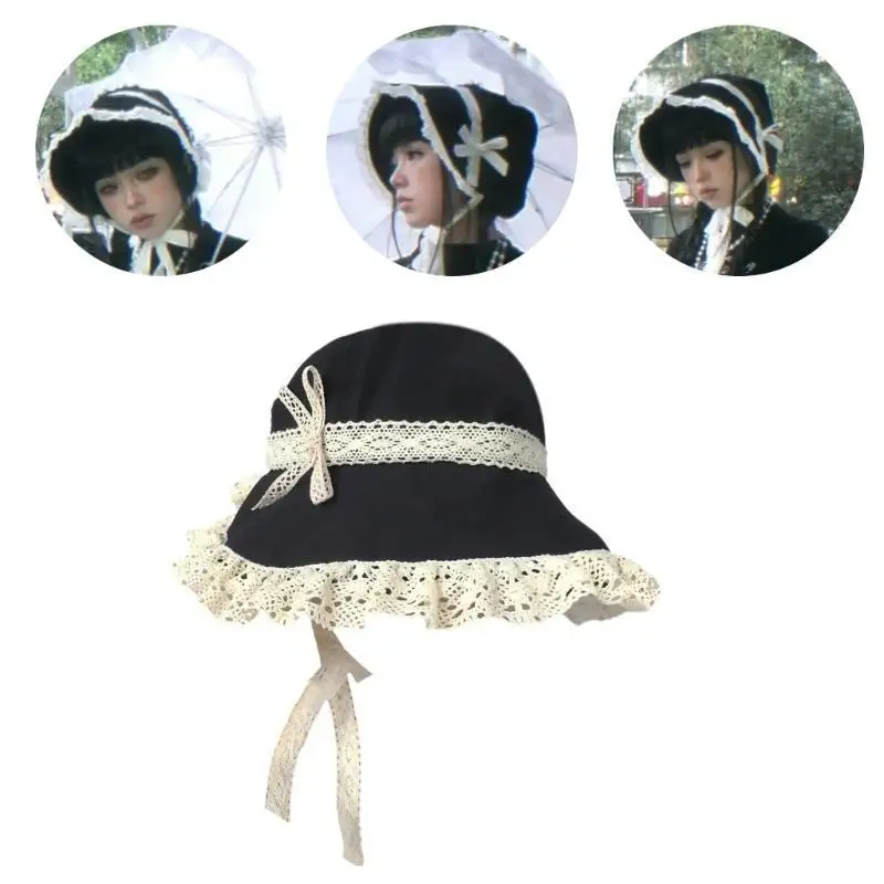 652F قبعة فيكتورية بقاعدة بونيه فيكتورية مع حزام من الدانتيل لملابس الشاطئ لحفلات زفاف العروس وحفلات الكوكتيل النسائية #4