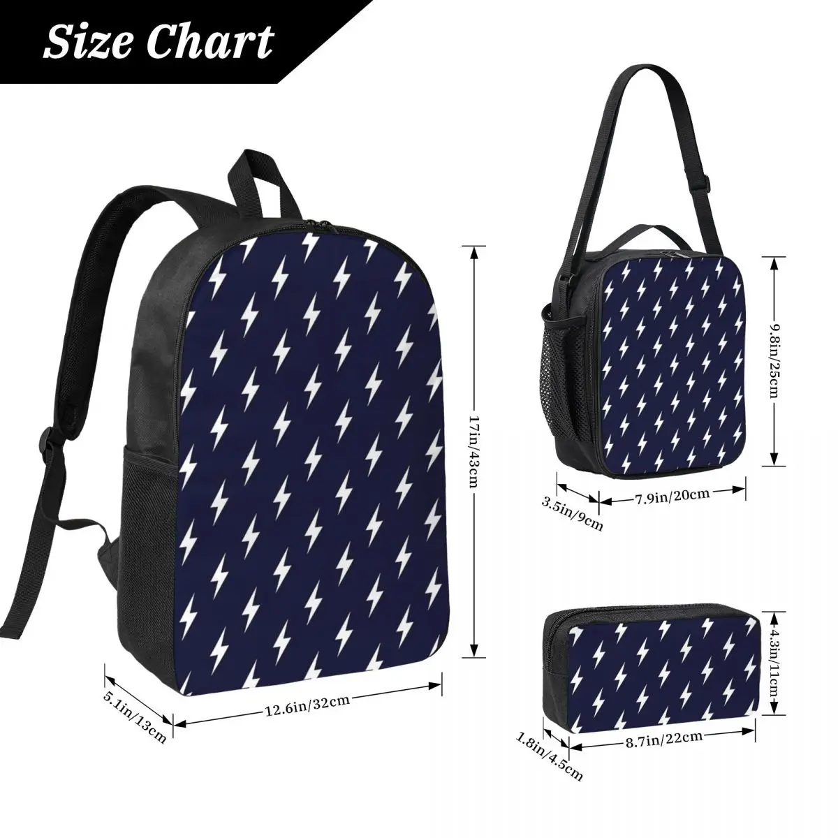 Lightning Bolts White On Navy Blue Backpack Boy Girl BookBag School Bag Laptop Shoulder Bags 3ps Insulated Lunch Bag Pencil Case
