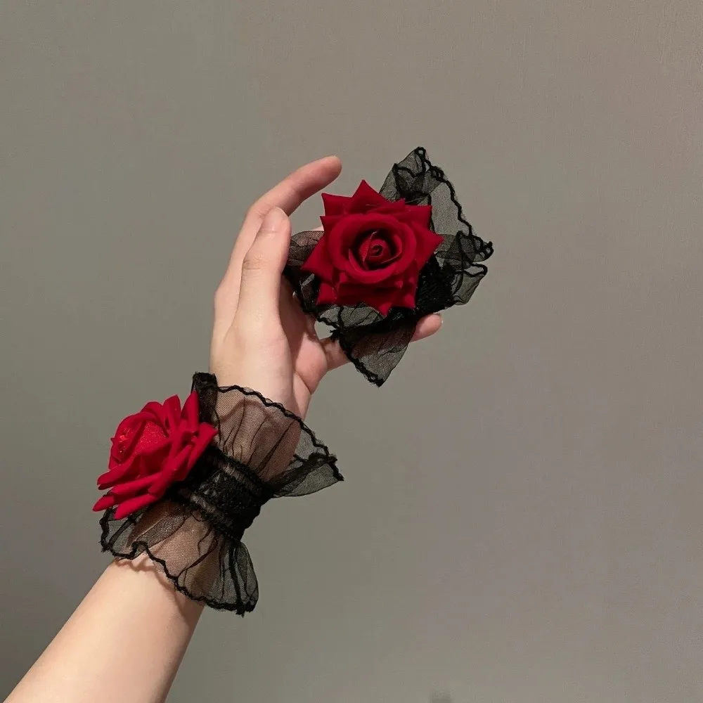 New Red Rose Lace Wristbands Lolita Elastic Band Flower Wrist Cuffs Ruffled Black Gothic Cosplay Bracelets Wrist Accessories