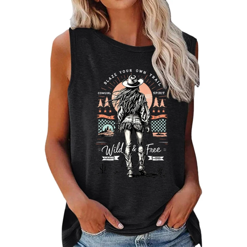 Retro Cowgirl Wild and Free Graphic Tank Top Women's Vest Vintage Desert Cowgirl Shirt Western Cowgirl Spirit Sleeveless Tshirt