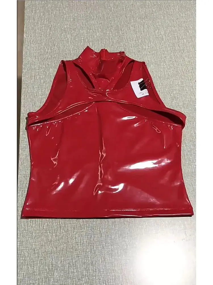 

S-3XL High Collar Sleeveless Wet Look PVC Shirts Hollow Out Bust Shiny PU Leather Tank Top Crop Tops Tights Sexy Clubwear Camis