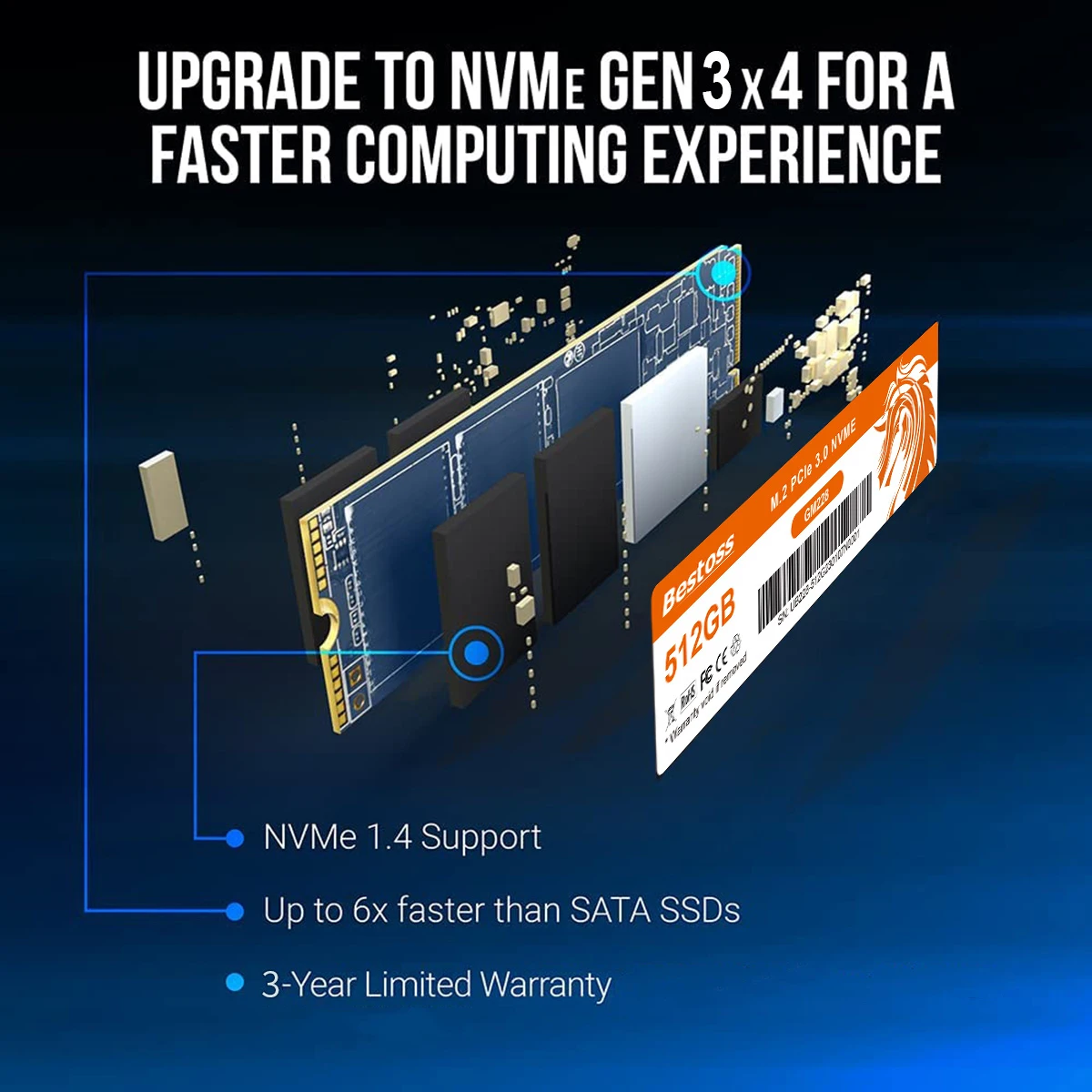 Bestoss-Disque dur Nvme SSD pour ordinateur portable 1 To 512 Go M2 Notebook GM22842