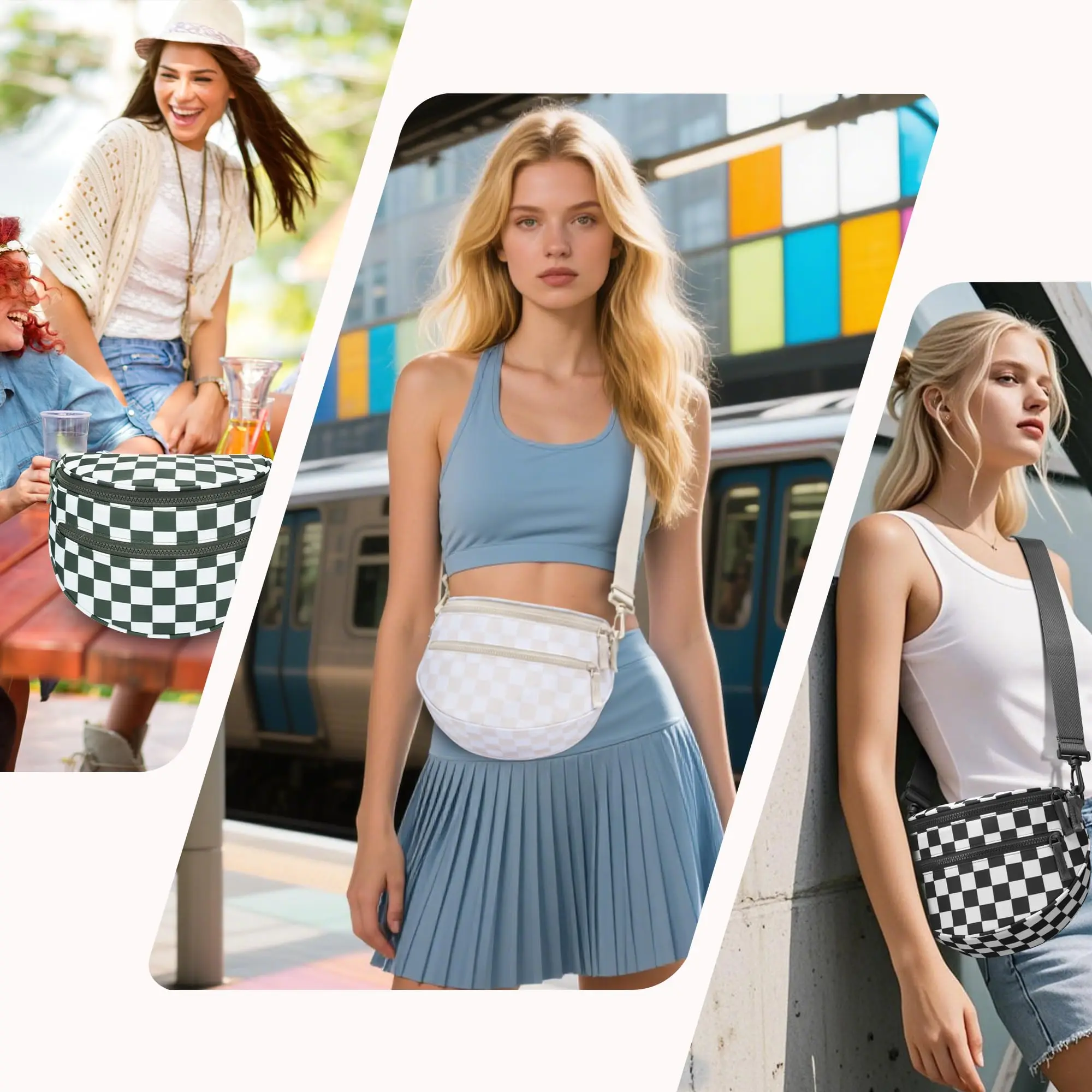 Mini Version Black and White Checkered Crossbody Bag Bum Bag for Women,checkered fanny pack Handbags Wallets Small Belt Bag