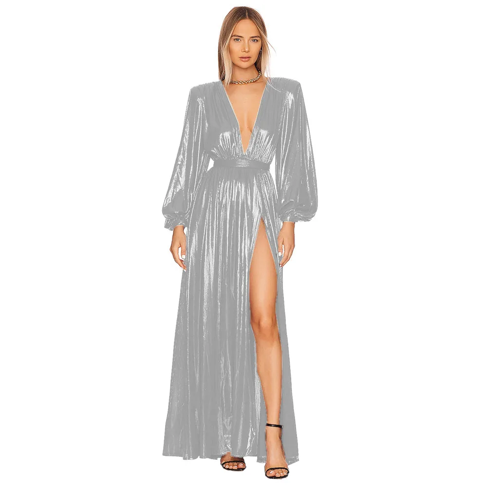 Women's Plunging Neckline Shiny Metallic Long Dress, High Split Gown, Long Sleeve, Floor Length, Sexy Club Party, Prom, Elegant