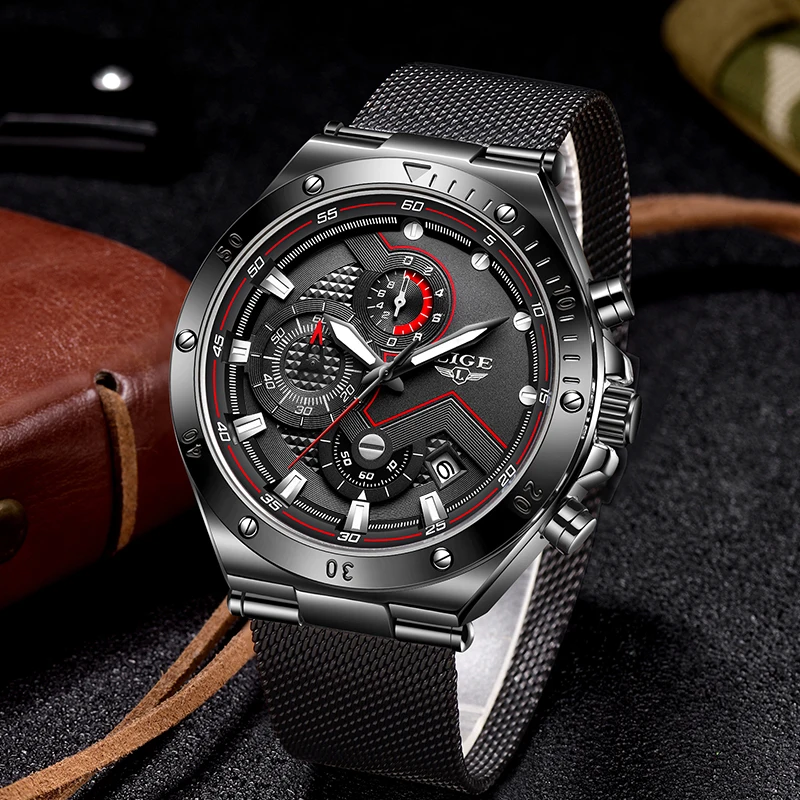 

2022 LIGE Fashion Mens Watches Top Luxury Brand Stainless Steel Ultra thin Waterproof Quartz Watch Men Army Military Chronograph