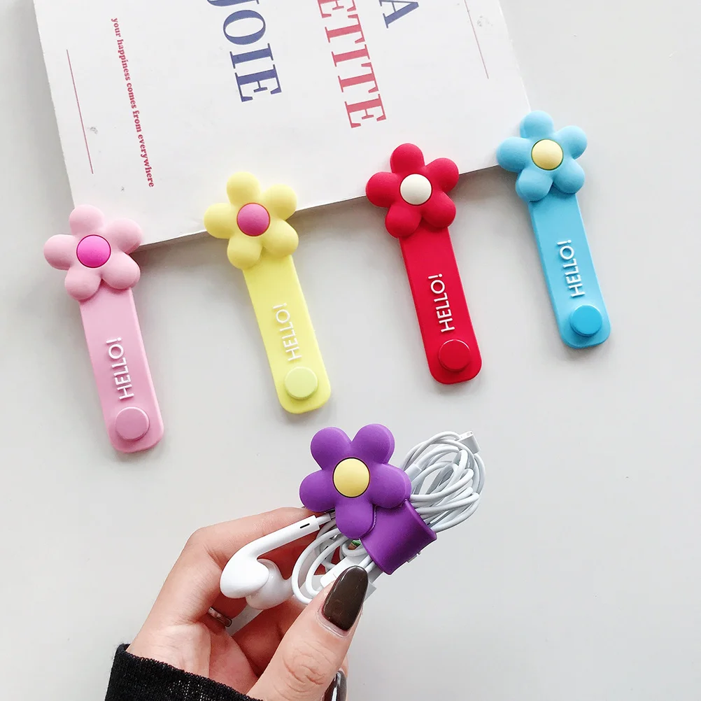 

2Pcs Flower Cable Organizer Bright Reusable Silicone Wire Holder for Headphone USB Cords Home Office Use Yellow