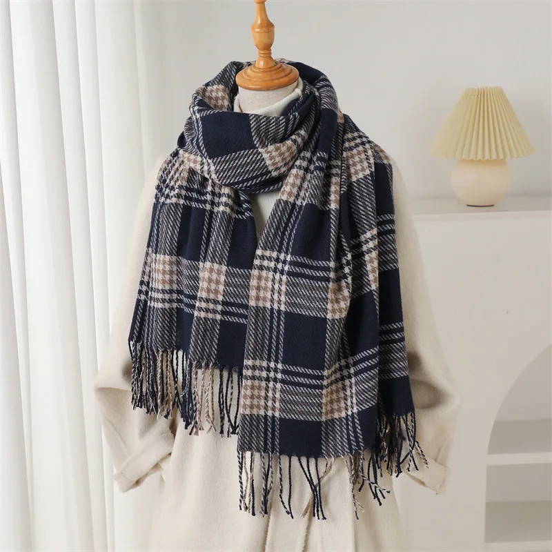 2026 Preppy Plaid Faux Cashmere Scarf for Women Autumn Winter Warm Thick Neck Warmer Soft Korean Style Pashmina Wrap Stole Gift