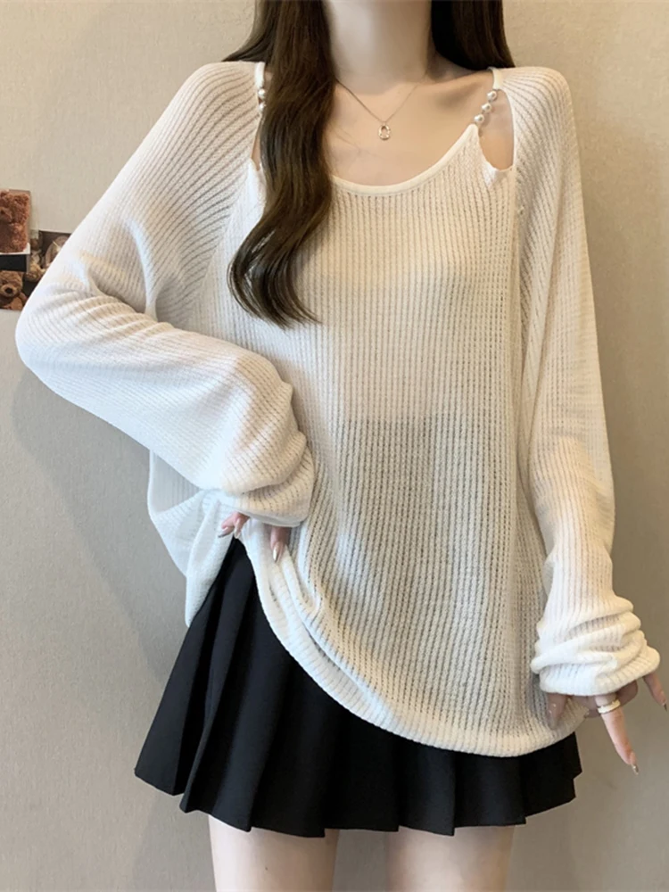 

Весенняя женская вязаная кофта 2026 года с вырезами, круглым вырезом, повседневная, свободного кроя, стройнящая, солнцезащитная верхняя одежда