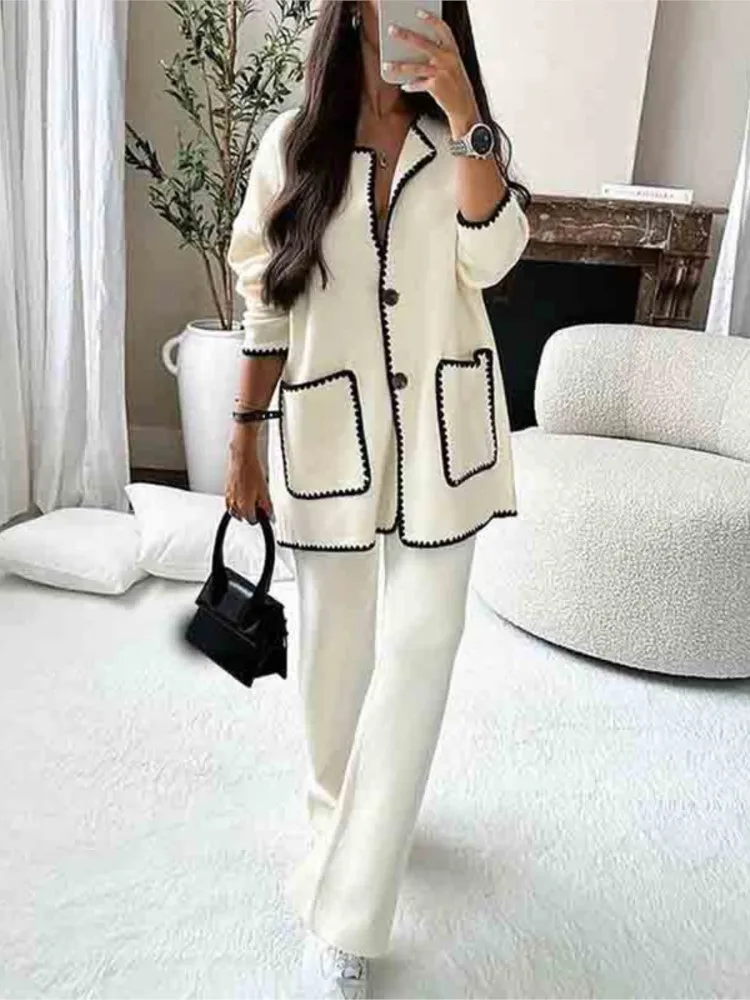 

Elegant Long-sleeved O-neck Single-breasted Shirt Top + Wide-leg Pants 2-piece Set Women Autumn Color-blocked Pocket Suit Female