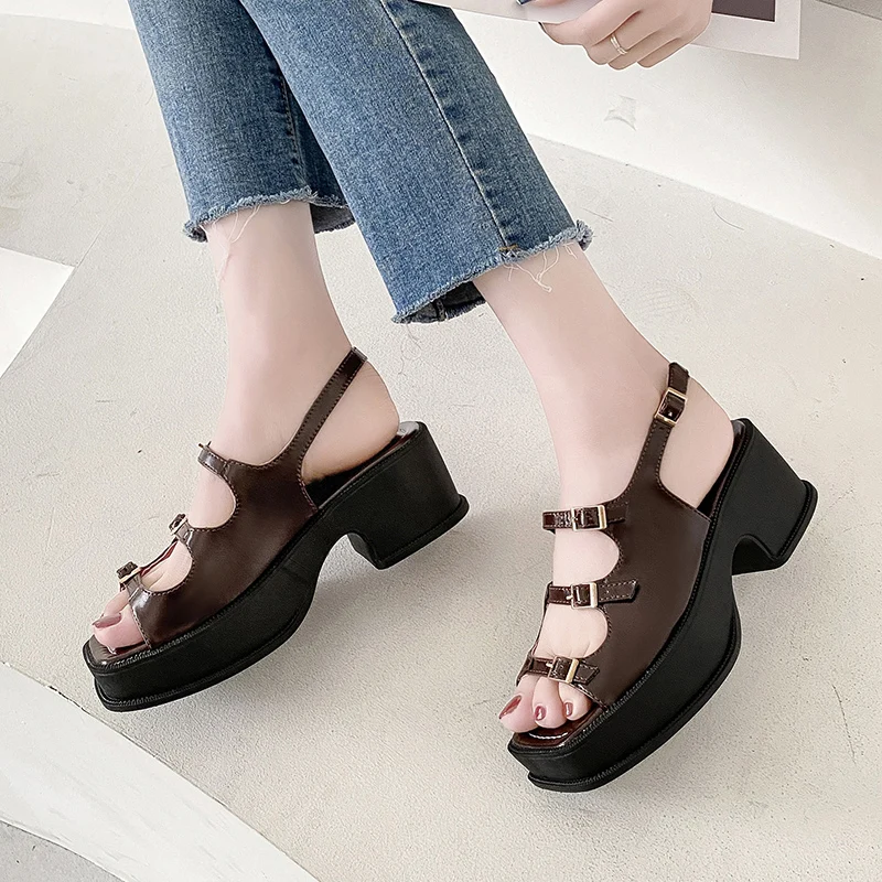 New Platform Sandals Ladies High Heels Summer Women\'s Shoes Wedge Sandals Open Toe Shallow Solid Color Buckle Casual 6.5CM