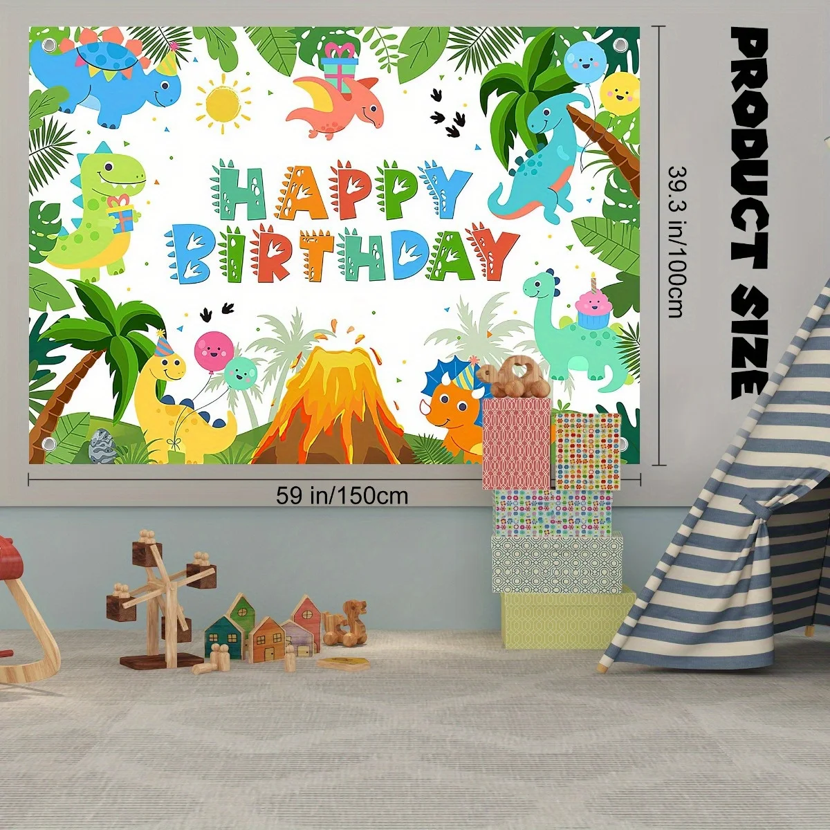 Cartoon Dinosaur Jungle Balloon Cake Volcano Pattern Backdrop - Perfect for Birthday Parties and Outdoor Photography