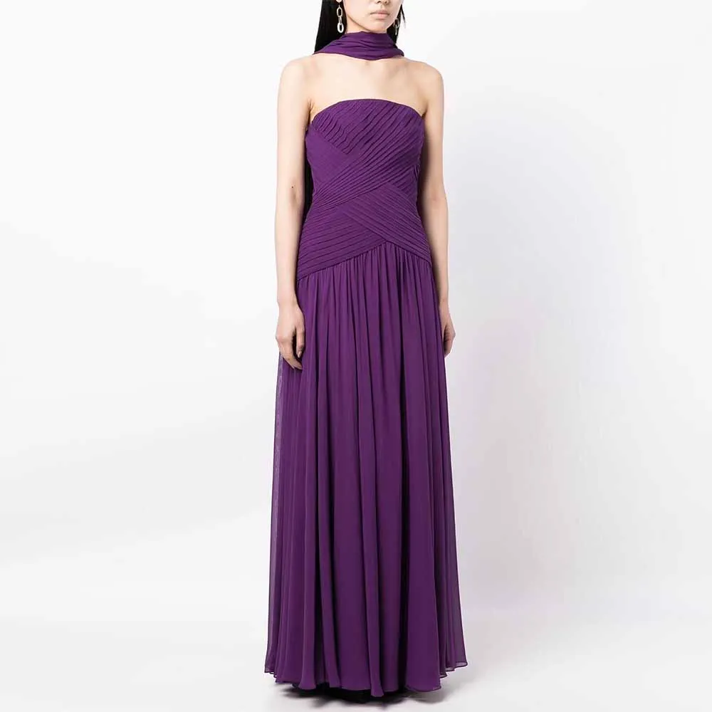 

Classic Special Occasion Dresses 2025 Chiffon A-line Formal Evening Dress Purple Strapless Pleat Ruched Shawl Prom Dress Long