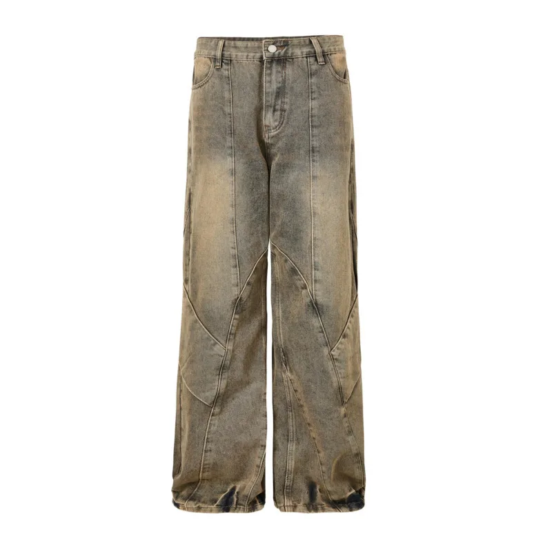 [BOMP] Trendy Washed Yellow Mud Dyeing Splicing Deconstructes Micro Pull Down Feeling Jeans, Pants, Men