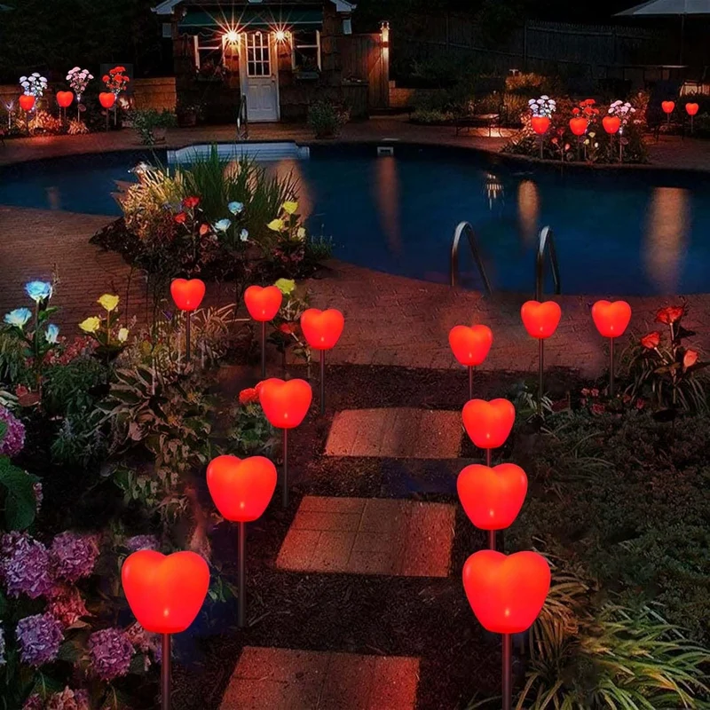 Set Of 6 Solar Heart Stake Lights For Valentines Day Decor, Outdoor Waterproof Heart Shaped Light For Garden Pathway Durable