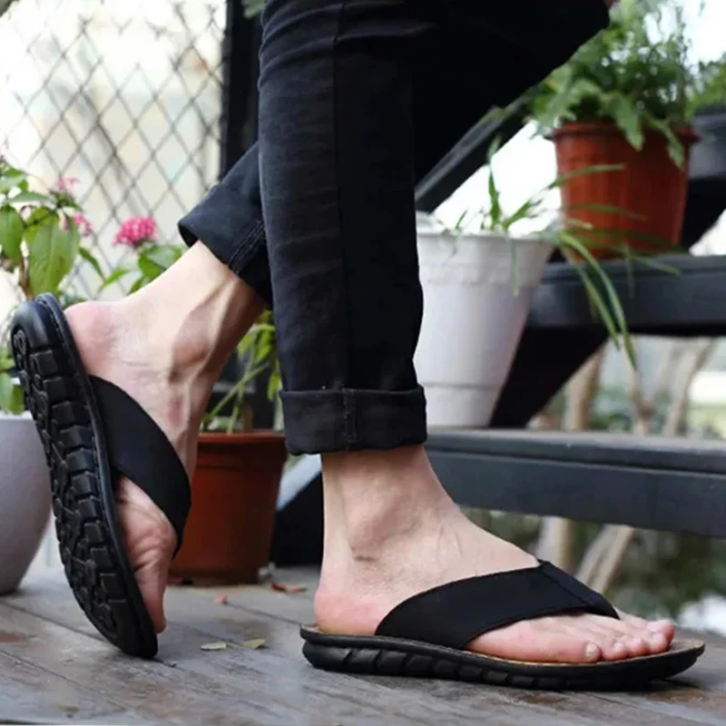 Scarpe estive pantofole da uomo in vera pelle infradito da uomo sandali piatti da uomo vacanza antiscivolo nero kaki A673