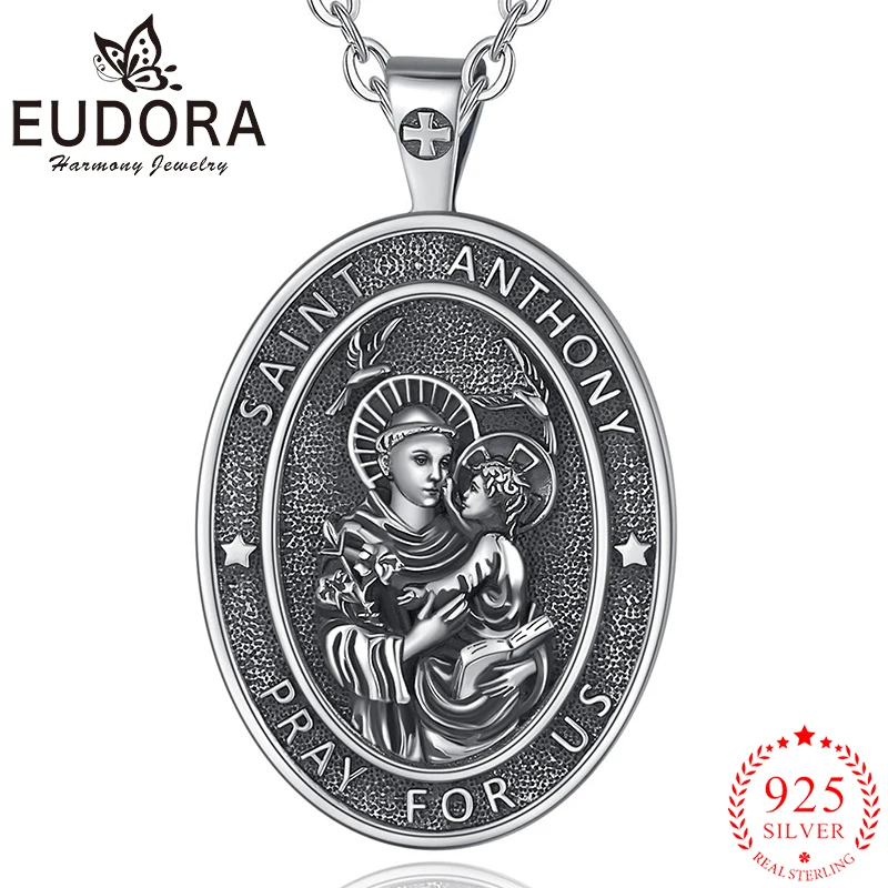 

Eudora 925 Sterling Silver St. Anthony Necklace Amulet Faith Pendant Men Women Fine Religious Jewelry Vintage Party Gift