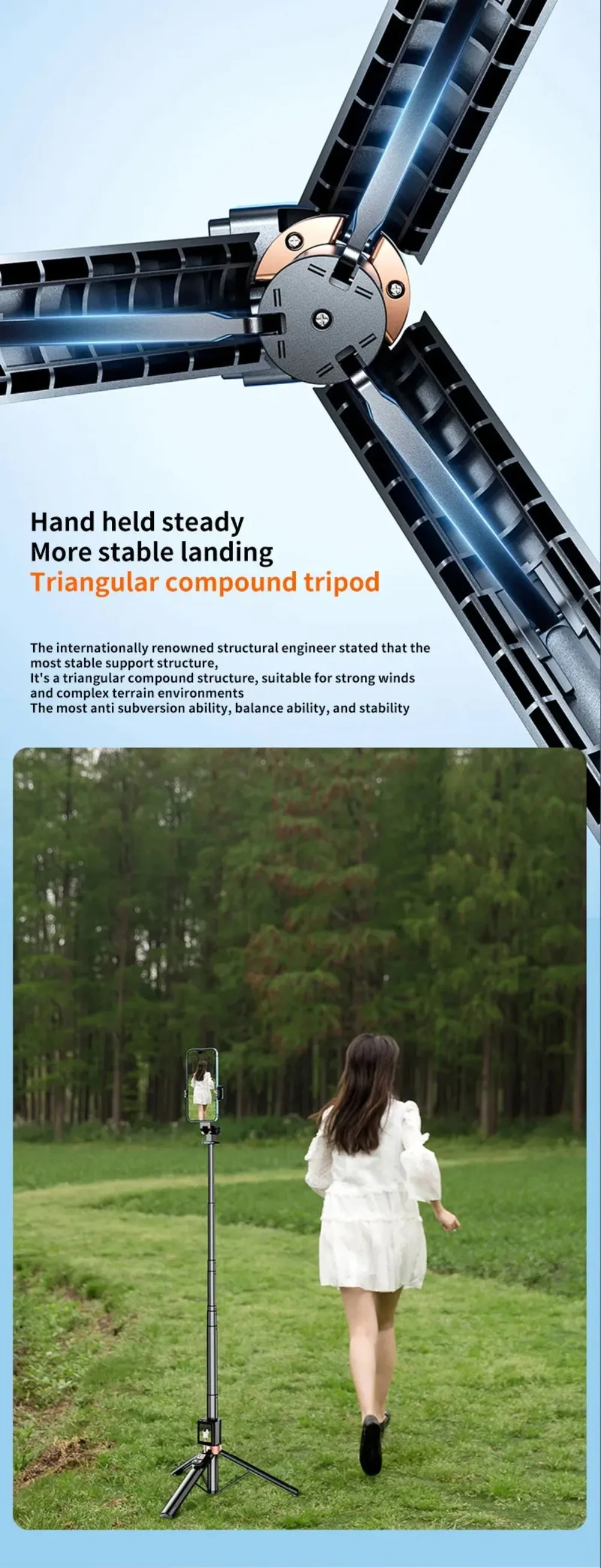 Treppiede portatile estensibile, design leggero, base stabile, bastone per selfie, rotazione a 360°, altezza regolabile, telecomando._voghion.com