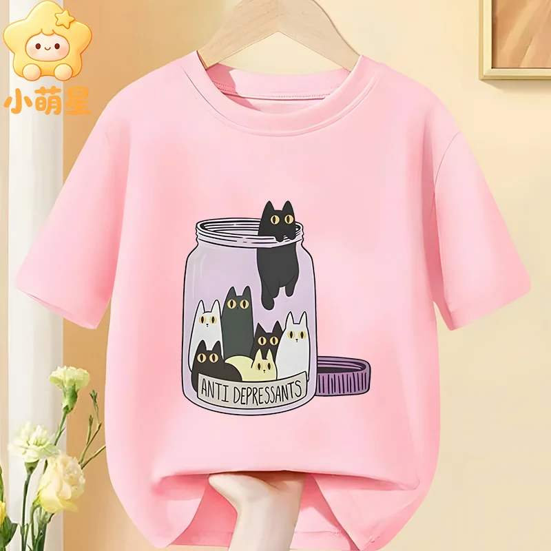 Lustiges T-Shirt mit Katzenmotiv für Kinder, Anti-Depressiva-Cartoon-Kätzchen-Grafik, reine Baumwolle, kurzärmelig, Unisex-Oberteil für Jungen und Mädchen – Detail 2