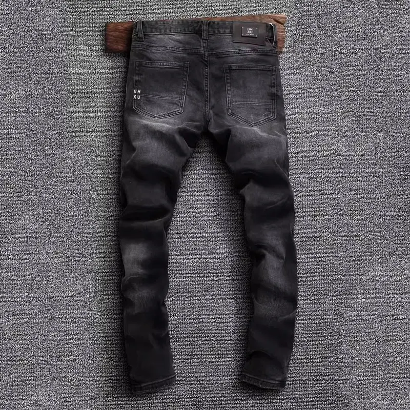 High Street Fashion Men Jeans Retro Black Gray Stretch Slim Fit Ripped Jeans Men Embroidery Designer Patched Vintage Denim Pants