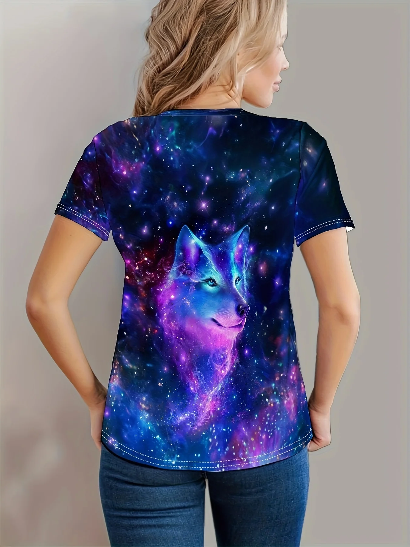 Deep Blue Women's Tee - Cosmic Wolf Galaxy Graphic, Mystical Starry Animal Design for