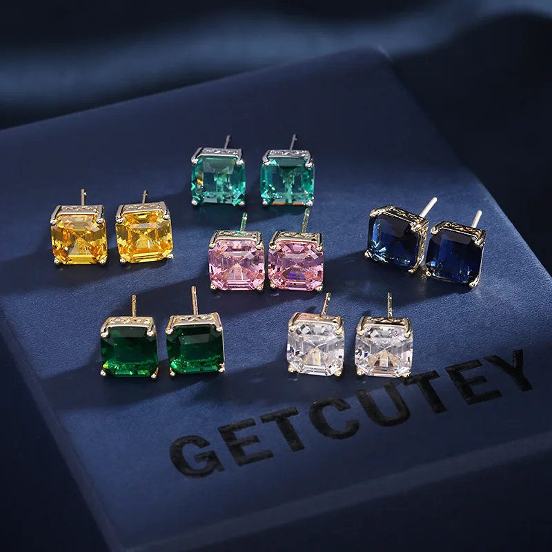 

S925 Silver Needle Geometric Zircon Earrings Niche Design Elegant Versatile Small Square Diamond Simple Stud Ear