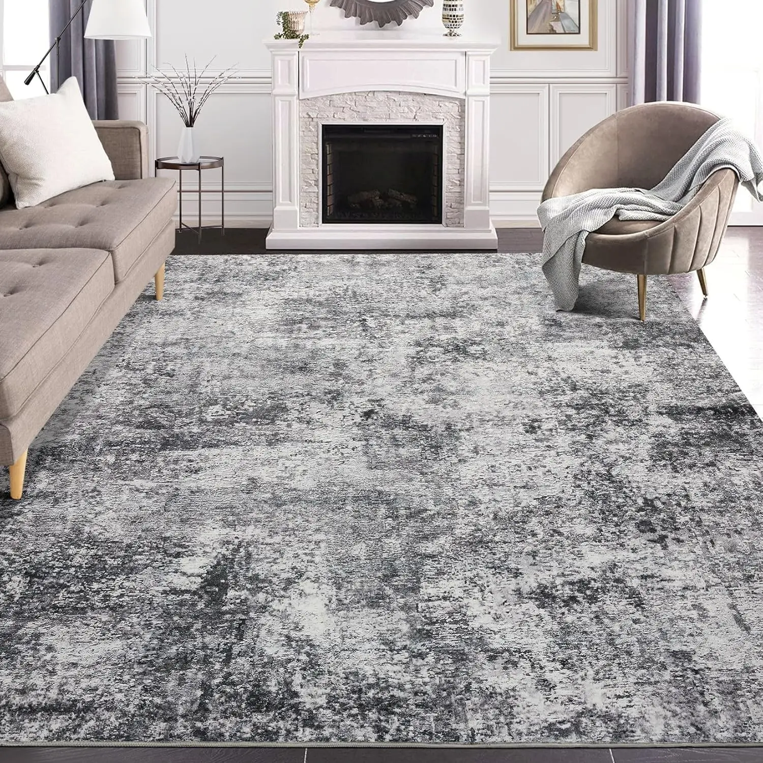 

Area Rug Living Room Rugs - 9x12 Large Soft Indoor Neutral Modern Abstract Low Pile Washable Rug Carpet - Grey