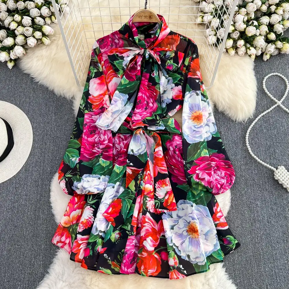 

Banulin Summer Rose Flower Bohemain Chiffon Dress Women's Bow Tie Collar Long Lantern Sleeve High Waist Lace Up Mini Vestidos