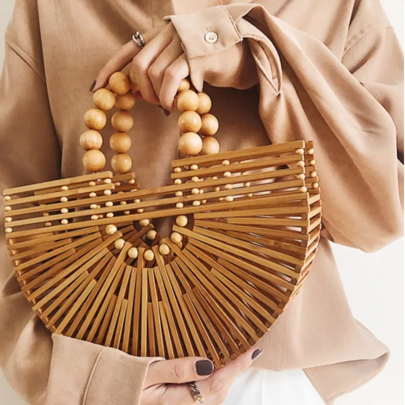 

Creative Hollow-out Bamboo Weaving Women's Handbag Versatile Pearl Portable Vegetable Basket Bag Holiday Wind Beach Bag Shooting