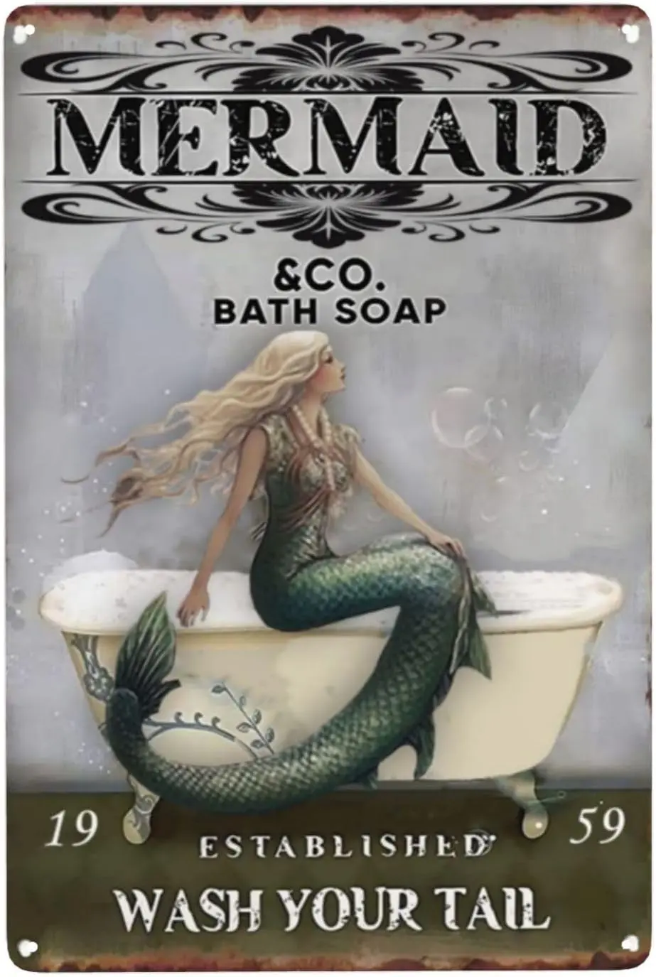 Retro Signs Vintage Bathroom Mermaid Bath Soap Wash Your Tail Signs Retro Washroom Metal Sign Funny Toilet Tin Signs Mermaid Lov