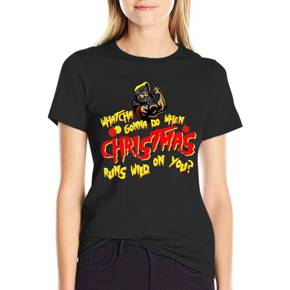 Funny 80s Pro Wrestling Christmas Whatcha Gonna Do T-shirts Funny Graphic T-shirt Round Neck Movement  Funny Novelty Home