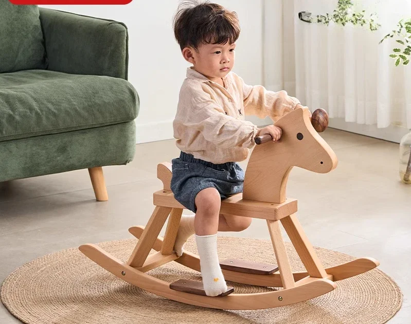 Trojan horse solid wood children rocking baby small rocking chair wooden toy birthday gift anti-drop adults can sit