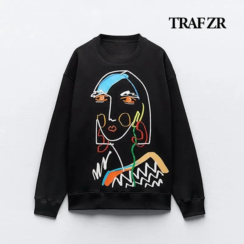 TRAF ZR Autumn Round Neck Graphic Sweatshirts for Woman Plush Winter Pullover Casual Long Sleeve Oversize Halloween Streetwear