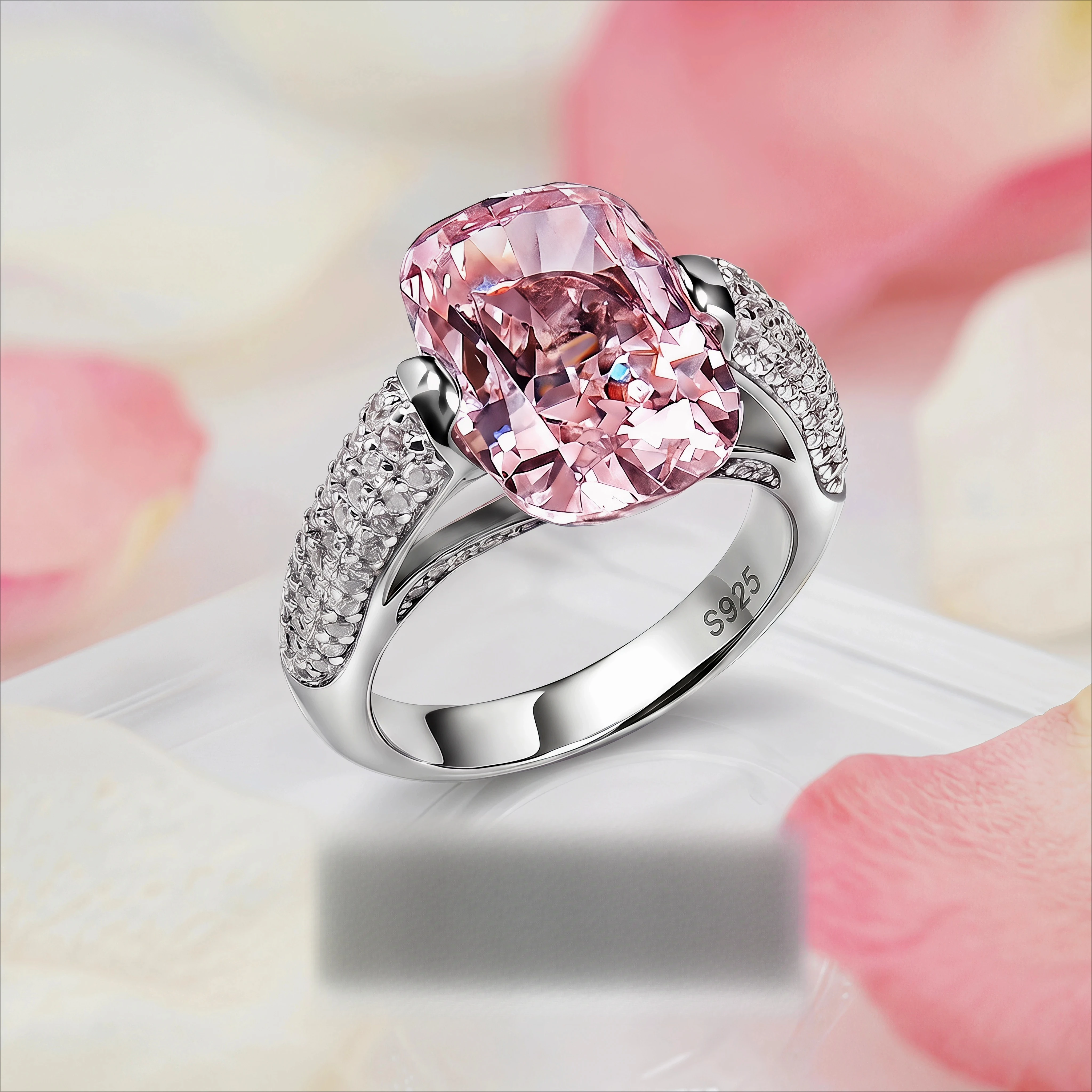 

S925 sterling silver ring 10 * 14mm rectangular pillow shaped pink zircon light luxury niche girlfriend birthday gift