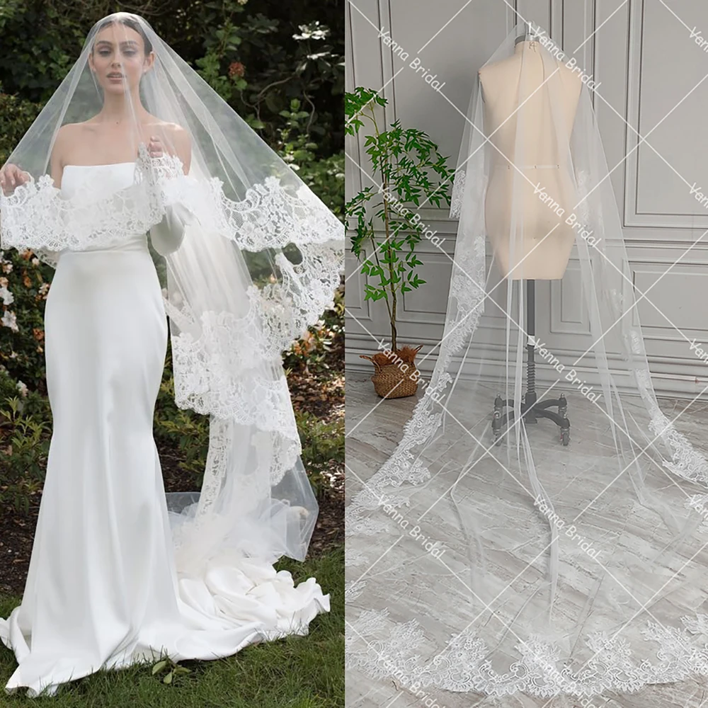 Chapel Length Crochet Lace Trim Mantilla Veil With Comb Customized One Layer Tulle Wedding Bridal Drop Long Trailing Veils