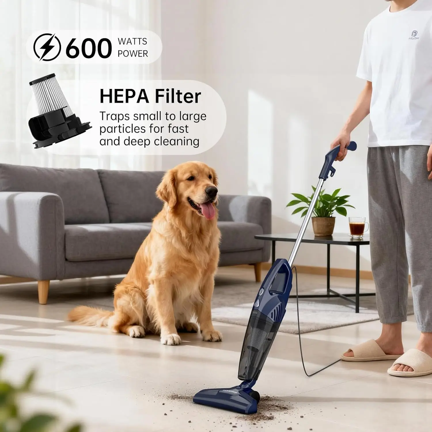 Aspirador de pó com fio, 3 em 1, leve, sucção poderosa de 600 W, capacidade de 0,7 L para casa, carpete, piso duro, carro e animal de estimação Ha