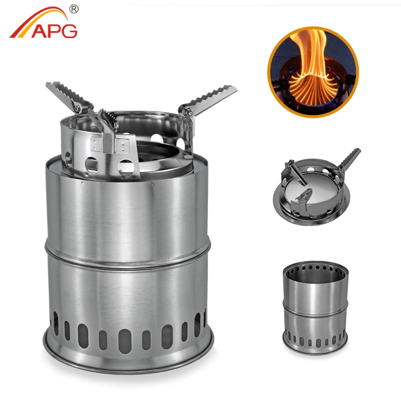 APG Camping Wood Stove Split Portable Stainless Steel Gas Firewood Burners Backpacking Furnace