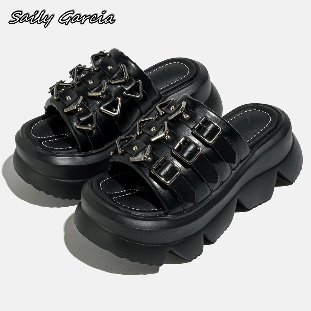 

Genuine Leather Belt Buckle Strap Decorate Thick Sole Slippers 2024 One Word Belt Outdoor Slides Open Toe All-Match Casual Shoes