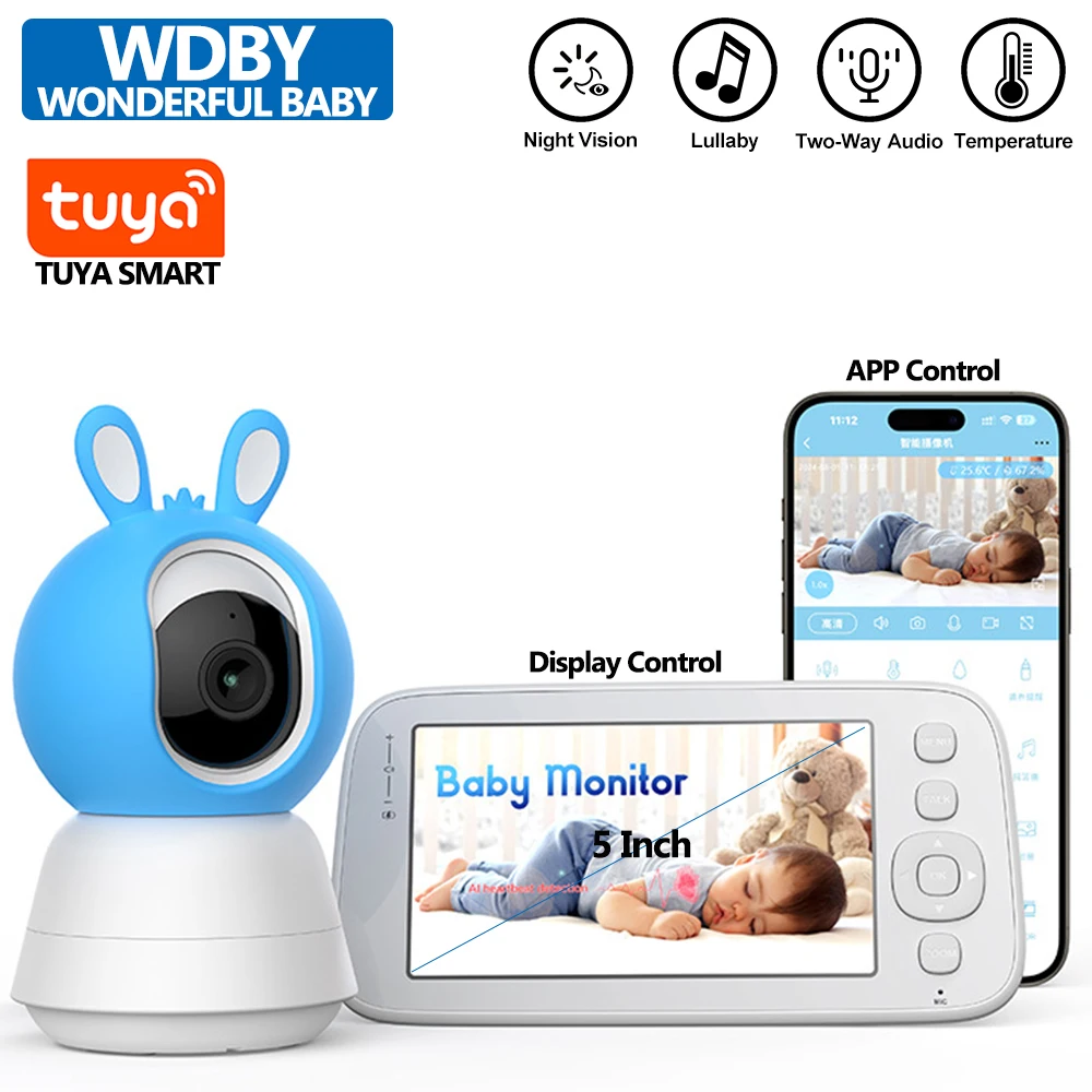 

5.0 дюймов Tuya видеоняня, с панорамной камерой, беспроводным двухсторонним аудио, ночным видением, безопасность няни, APP пульт дистанционного управления