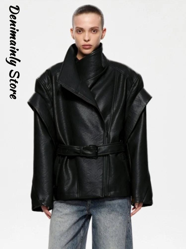 

Street Black Belt Stand Collar Leather Jackets Women Loose Zipper Full Sleeve Female Coats 2025 Autumn Lady Casual Chic Outwear