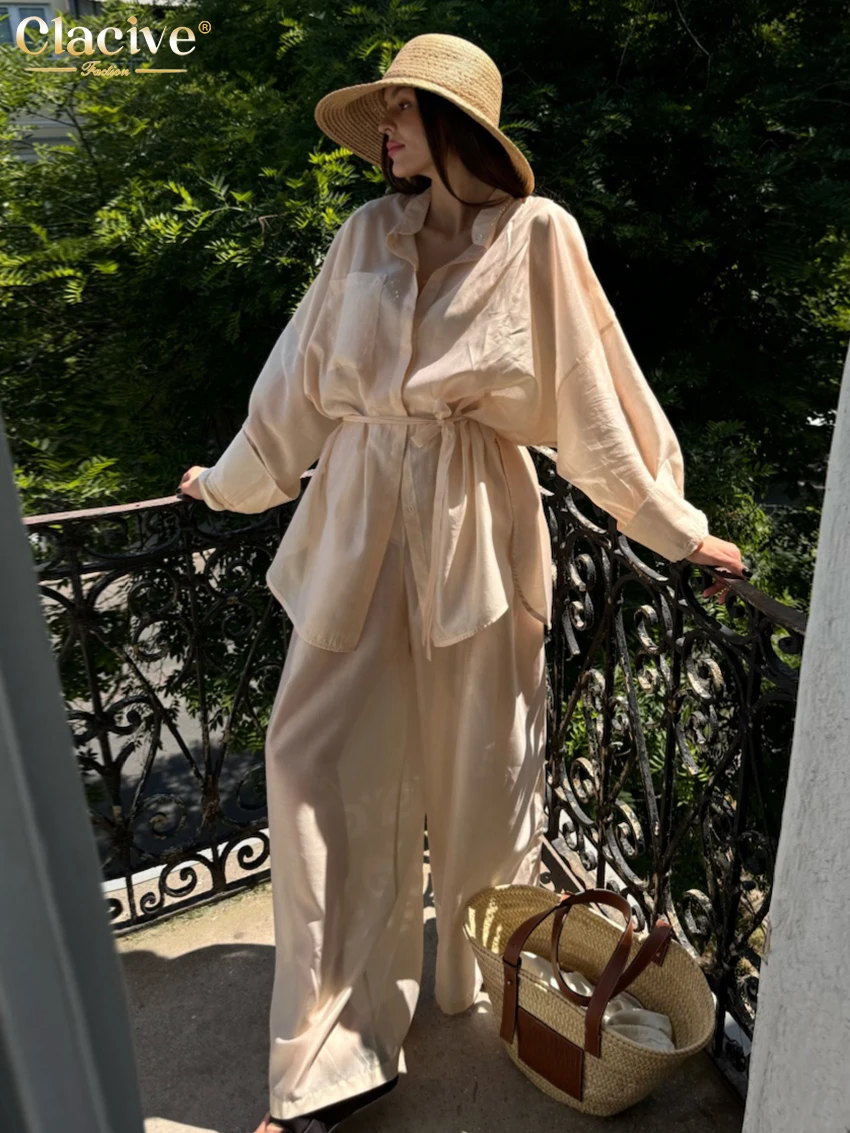 

Clacive Fashion Loose Black Women's Two Pieces Set 2026 Sexy Long Sleeve Shirt With High Waist Wide Pants Set Female Clothing