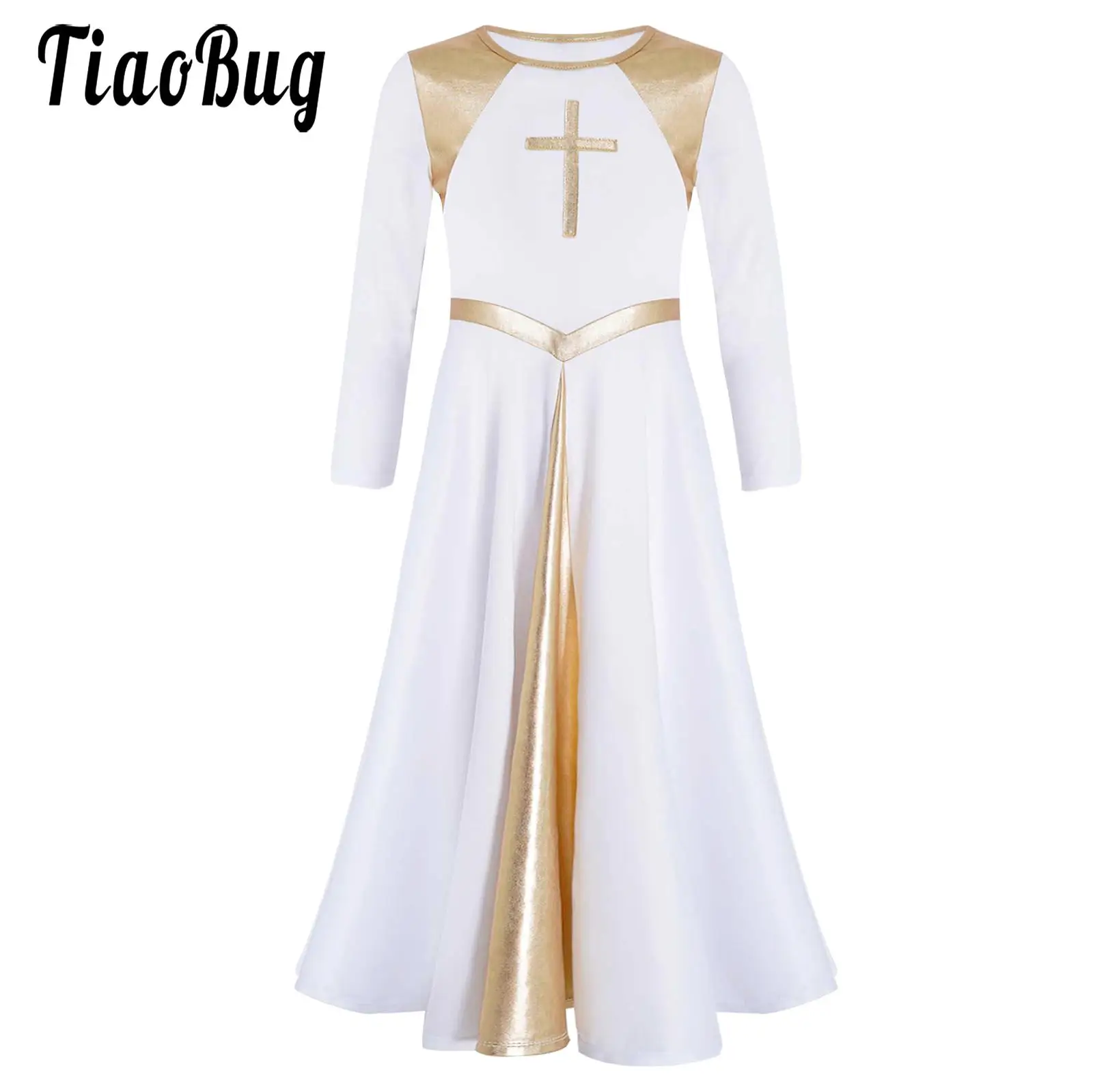 

Kids Girls Metallic Cross Liturgical Praise Dance Dress Lyrical Worship Performance Dancewear Long Sleeve Tunic Full Length Robe